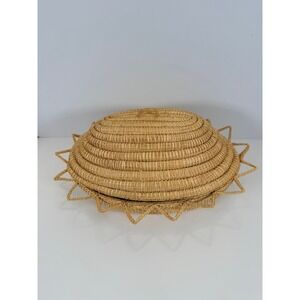 Woven Straw Sunburst‎ Serving Basket with Lid Handcrafted Bohemian Decor